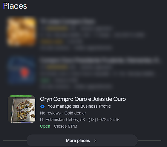 Busca no Google por vender ouro em presidente prudente, com a Oryn no bloco do mapa